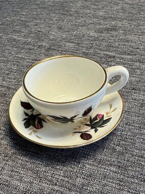 ROYAL ADDERLEY tea cup & saucer, miniature, bone china, black, red, gold roses